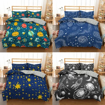 

ZEIMON Planet Print Bedding Set Cartoon Bedspread For Kids Queen King Size Bedclothes Stars Duvet Cover With pillowcase 2/3pc