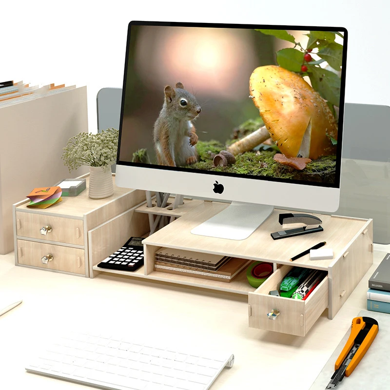 

Desktop Cabinet Computer Monitor Screen Wooden Heightening Shelf Home Office Stationery Supplies Accessories Desk Organizer