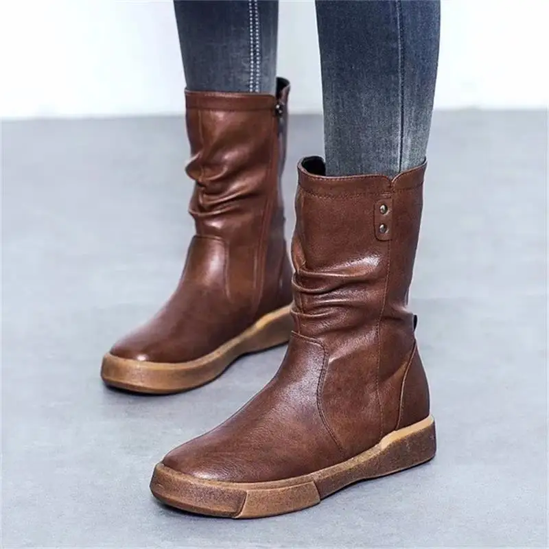 

2019 Women Mid Calf Boots Zipper Leather woman Shoes Autumn Winter Military Flat Heel Motorcycle Boots Ladies Snow Boot