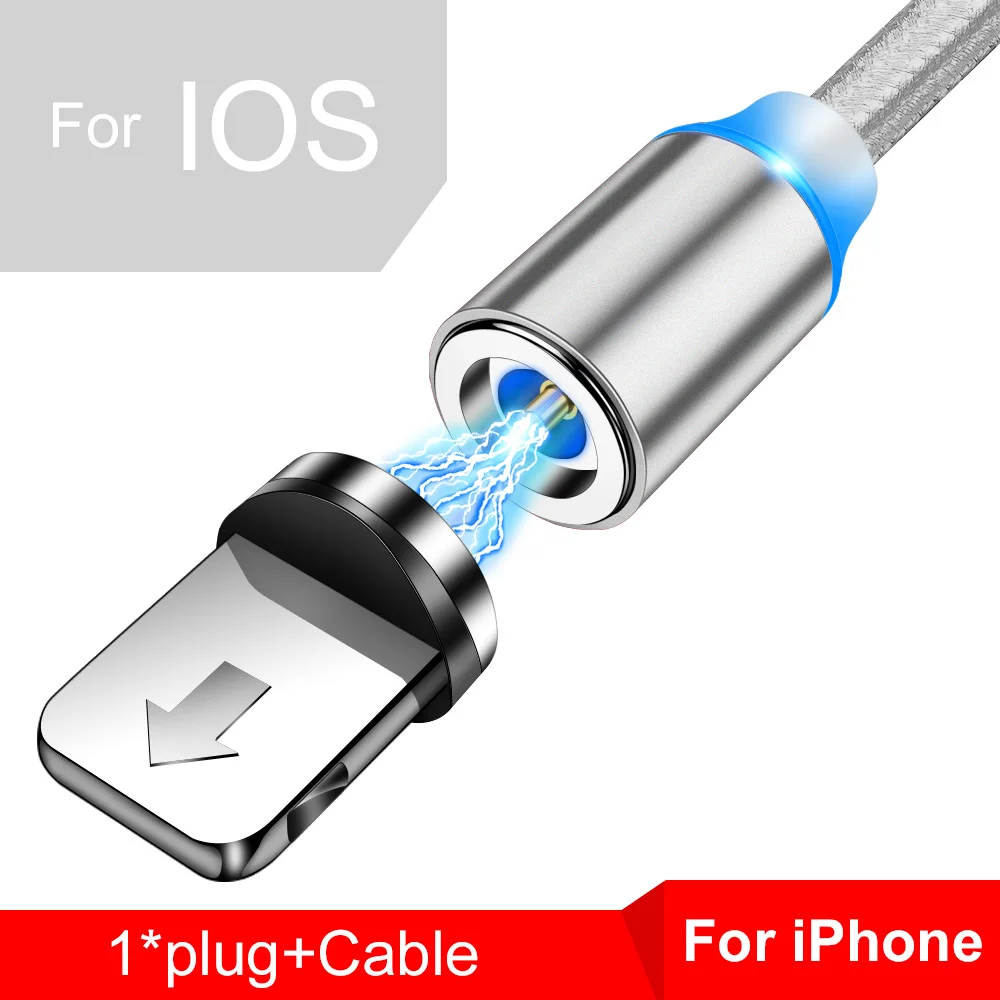 Магнитный usb-кабель Tisluo/Micro USB/type-C для iPhone X Xs Max светодиодный 1 м магнитное зарядное устройство для samsung s10 Xiaomi Pocophone USB C - Цвет: For ios usb Silver
