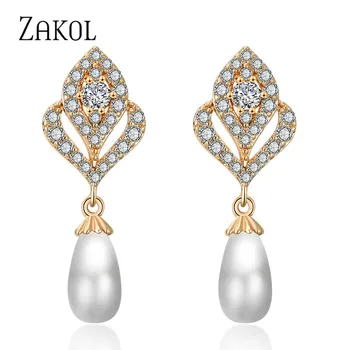 

ZAKOL New Fashion Elegant Cubic Zircon Flowers Drop Earrings For Women Imitation Pearl Bridal Wedding Jewelry FSEP2271