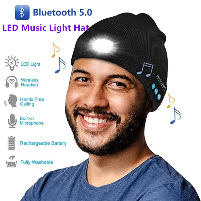 2020 novo inverno bluetooth música led luz chapéus beanie noite caminhada correndo sem fio fones de ouvido boné moda esporte quente malha chapéu|Fones de ouvido| - AliExpress