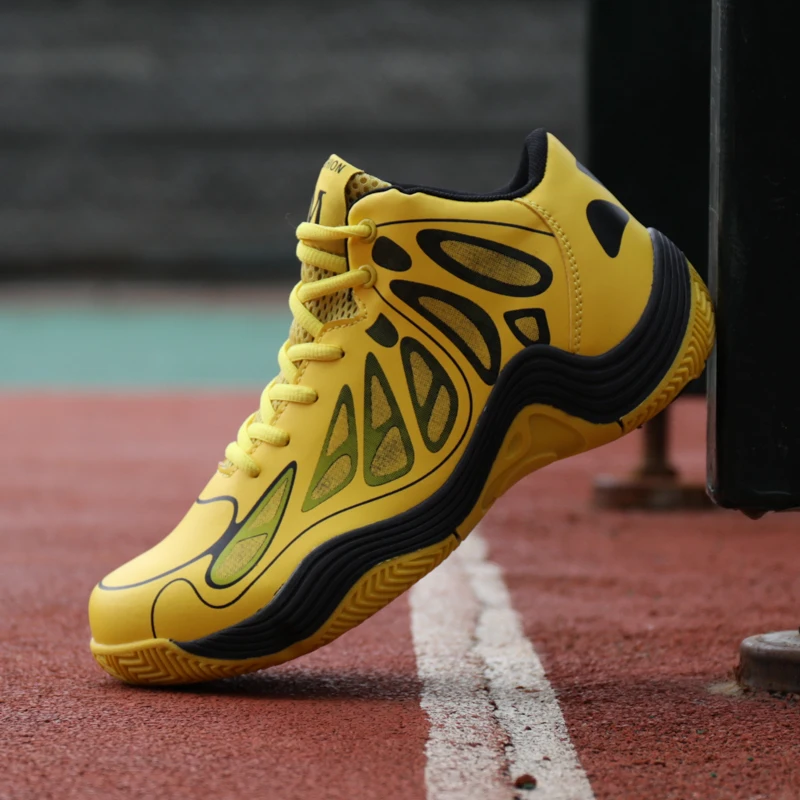 

New Arrival Men Basketball Training Shoes Medium Cut Boys Sneakers Yellow Black Designer Sneakers Non-Slip Men Basketball Shoes