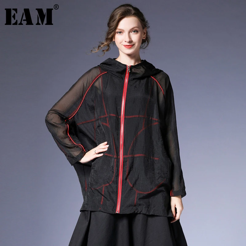 

[EAM] Loose Fit Oversize Perspective Mesh Jacket New Hooded Long Sleeve Zipper Women Coat Fashion Autumn Winter 2019 JZ164