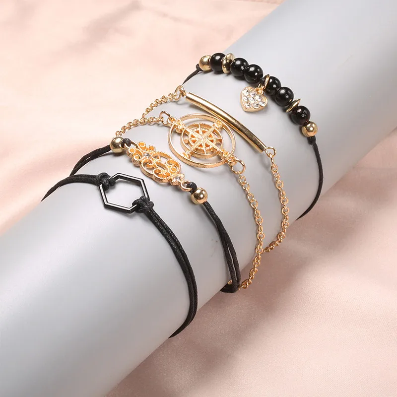 ZORCVENS богемная цепочка с черными бусинами браслеты для женщин модные компас-Сердце золотой цвет цепи браслеты наборы ювелирных изделий