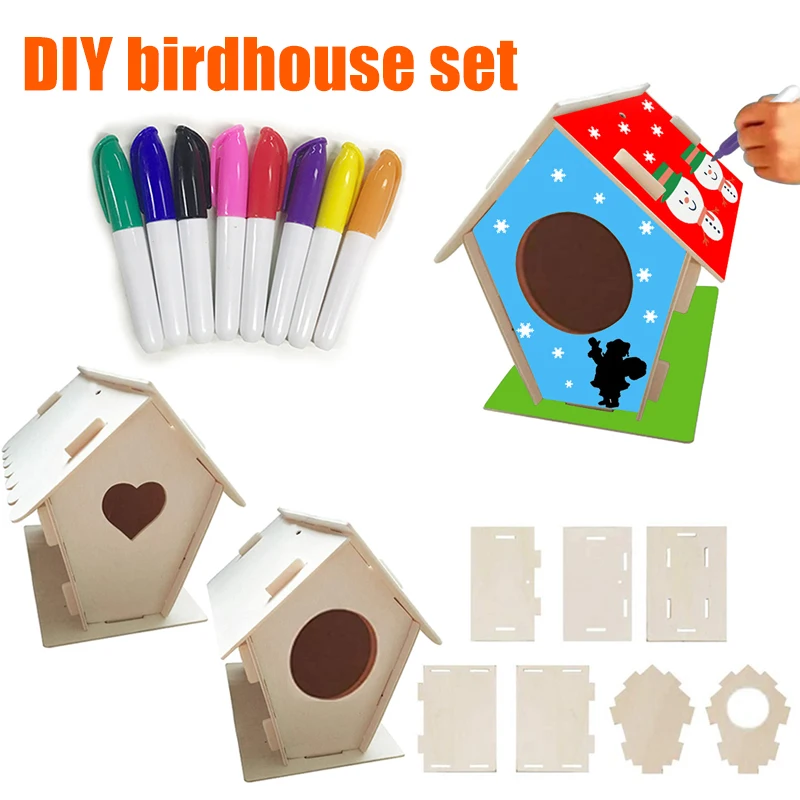 Newest DIY Wooden Birdhouse Kit Paintable Wood Hanging Set for Kids Christmas | Дом и сад