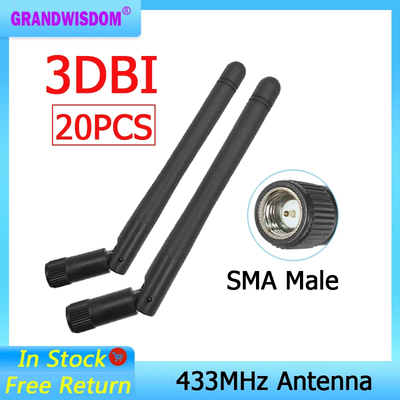 GRANDWISDOM 20pcs 433mhz antenna 3dbi sma male lora antene pbx iot module lorawan signal receiver antena high gain