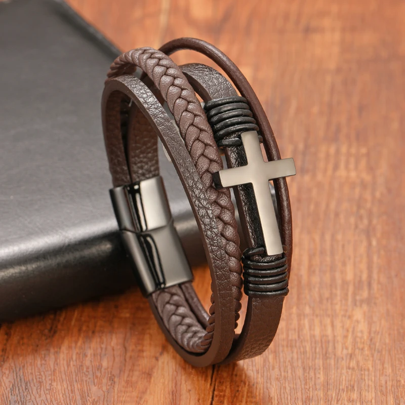 Fashion Multi Layer Stainless Steel Clasp Coffee Cross Leather Bracelet for Men Women Classic Christian Prayer Christmas Gift - Image 6