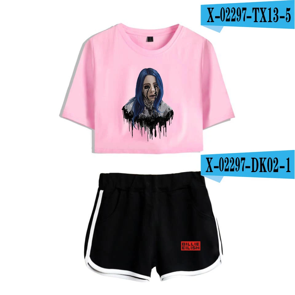 As Picture Popular new to Billie Eilish black short belly button T-shirt+ white shorts fashion women casual cotton girl two-piece - Цвет: As Picture