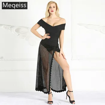 

2019 New 3 Piece Set Sexy Dress Summer Party Off Shoulder Dress Bandage Lace Patchwork Open Slit Women Maxi Dresses wholesale