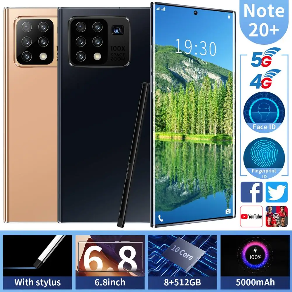Smartphones Galax Note20U+ Snapdragon865 Global Version 6.8 Inch 8G 256G 12GB 512GB 24MP Camera Android 10 Mobile Phone GPS Wifi