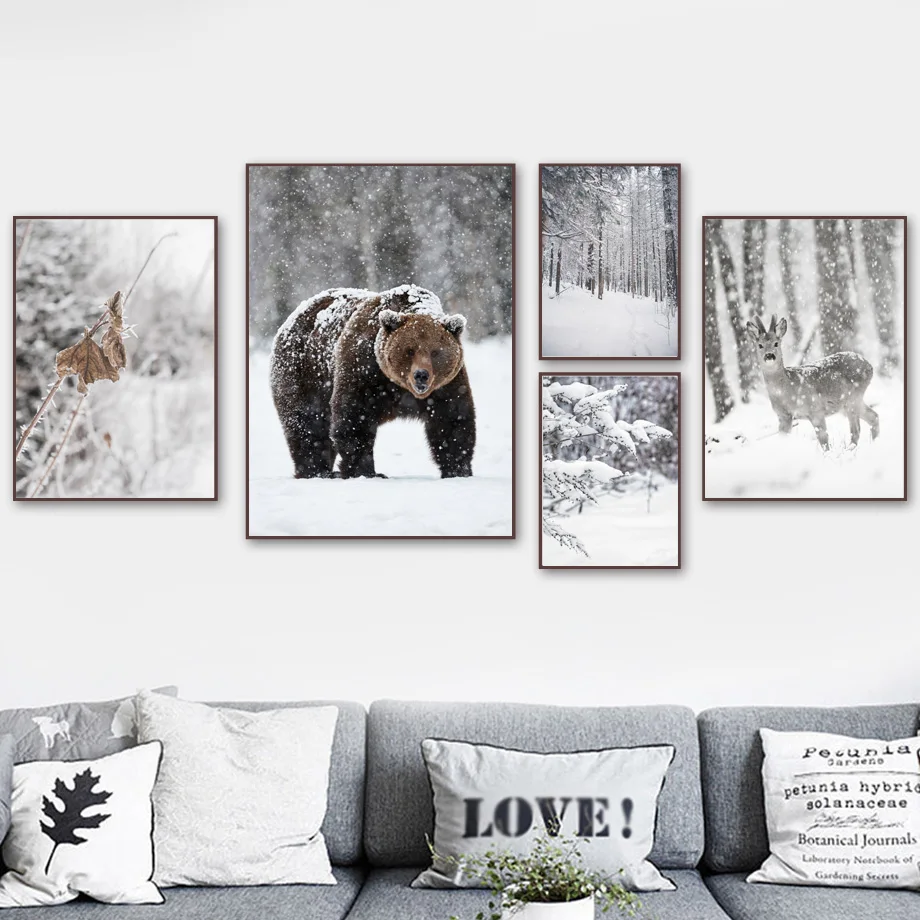 Winter Forest Animal Bear Deer Wall Poster Nordic Landscape Canvas Art Print 