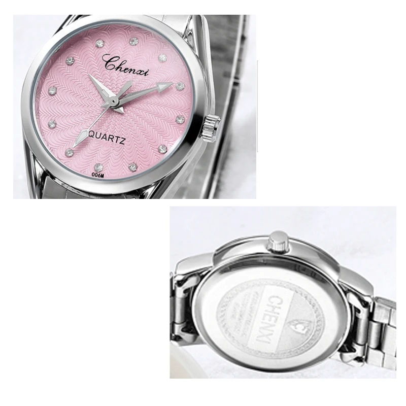 CHENXI Ladies Quartz Wristwatch Round Pink Rhinestone Dial Brand Female Waterproof Stainless Steel Watch Women Dress watches