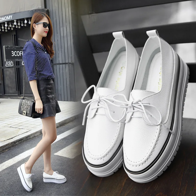 

thicken cross tied real leather small white shoes Korean student muffins striped wedges flat platform shoes woman sewing loafers