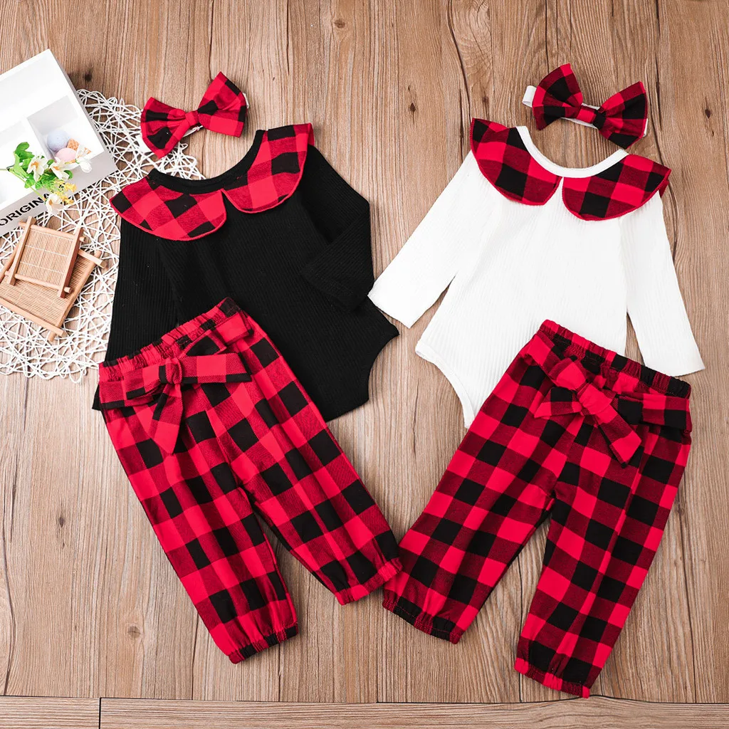 Newborn Infant Baby Ruffle Bodysuit Headband Plaid Pants Outfits Set Christmas Clothes Baby Girl Clothes Set Fashion Suit
