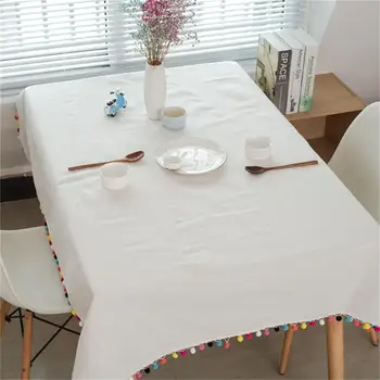 

Cotton Linen Tablecloth Solid Color Tablecloths Festive Decorative Tablecloths Colorful Fur Ball Tassels Table Cover Protector