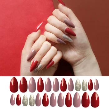 

24Pcs/set Fingernails UV Gel Cover False Nails Red Gold Glitter Nude Ladi's Press On Stiletto Pointed with Adhesive Tabs daily