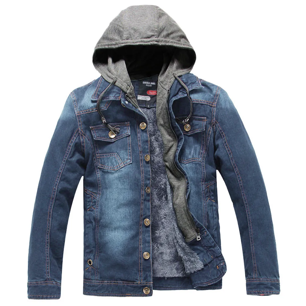 

Man's Jackets And Coats Winter Brand Warm Casual Hooded Wash Distressed Jean Jacket Men Denim Jackets Coat Top Blouse Streetwear