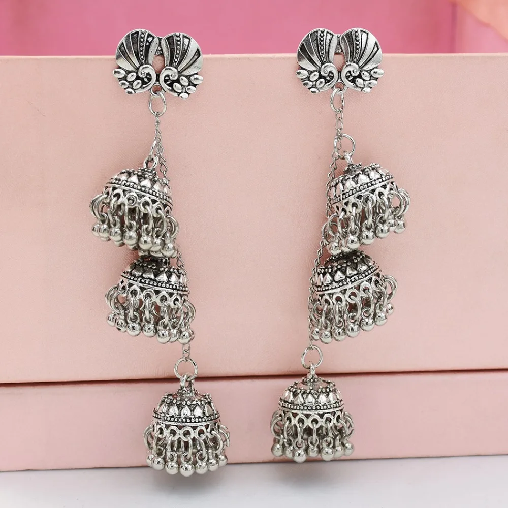 Этнические серебряные серьги-капли Jhumka Jhumki, оксидированные серьги с большим кристаллом павлина, мексиканские цыганские, афганские, Индия, этно-стиль, турецкие ювелирные изделия