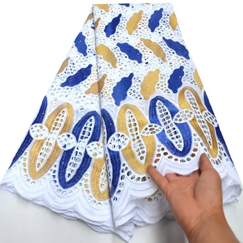 

white blue gold eyelet embroidery African Swiss voile lace Dubai fabric cotton Couple Lace fabric high quality 5 yards Soft