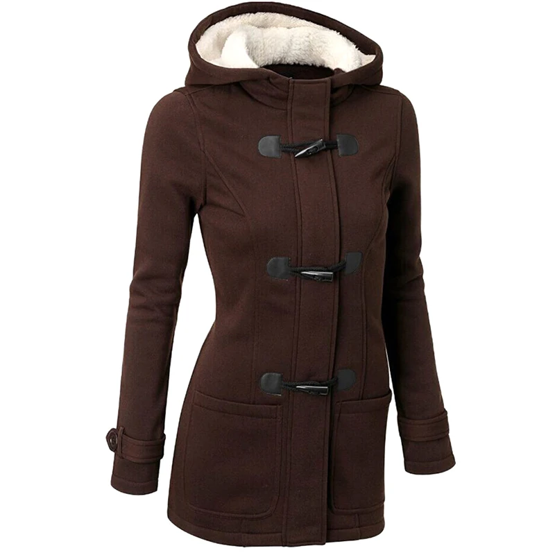 Модное длинное пальто с роговыми пуговицами, женская зимняя одежда, плотное пальто с капюшоном, повседневные куртки