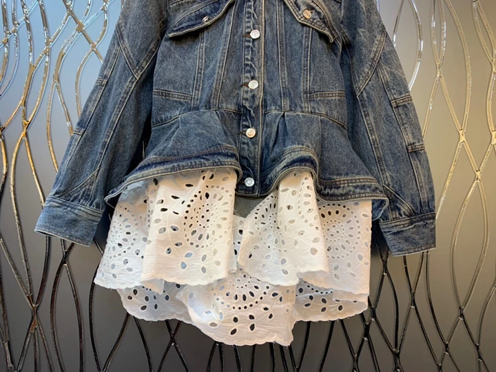 Early Autumn New Girl Turn-lapel Bottom White Lace Edge Stitching Removable Jean Topcoat 1101