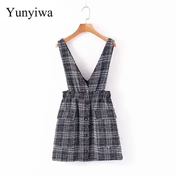 

New 2020 Women Elegant Tweed Suspender Skirt Pockets Button Decorate Overalls Elastic Waist Retro Casual Chic Mini Skirts