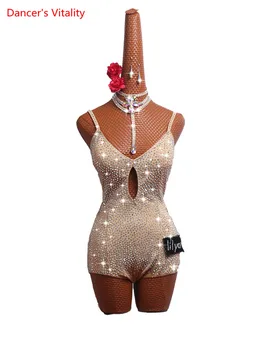 

Custom Made Latin Modern Dance Competition Performance Suit Sleeveless Undercoat Skinny Nude Sling Halter Dress