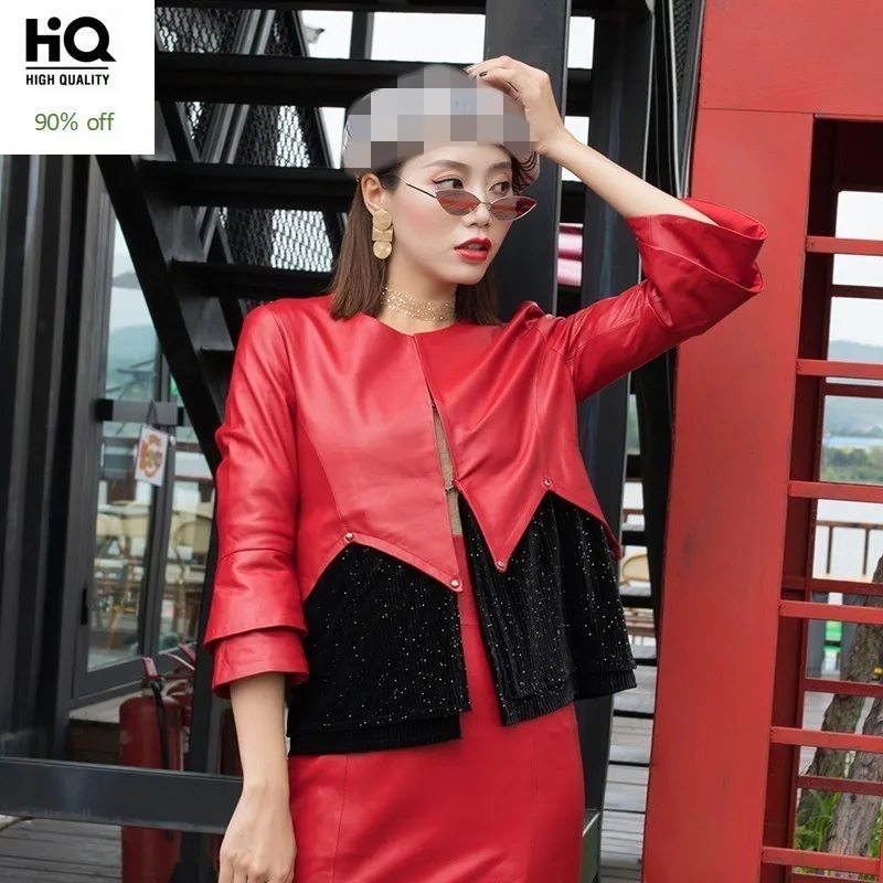 

Chic Patchwork Real Leather Womens Jackets O-Neck Three Quarter Sleeve Loose Female Sheepskin Short Coats Plus Size Streetwear