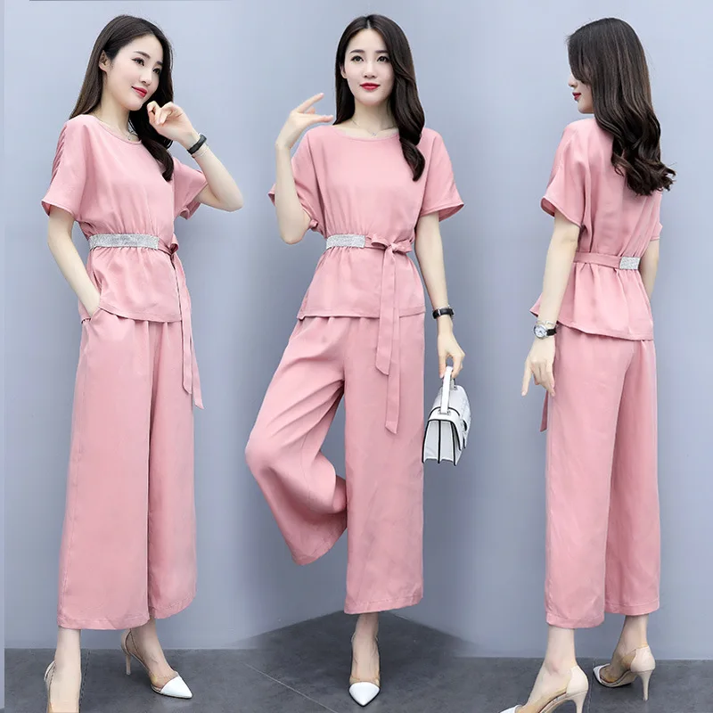 

Set/Suit Skirt 2019 Summer Crew Neck Fashion Slim Fit Slimming Solid Color Short Sleeve Simple Versatile Lace-up
