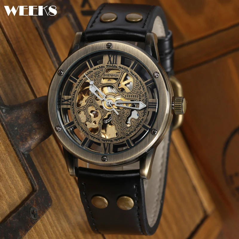 Vintage Men Mechanical Watch Bronze Case Skeleton Dial Steampunk Brown Black Leather Band Self Winding Male Wristwatch Clock