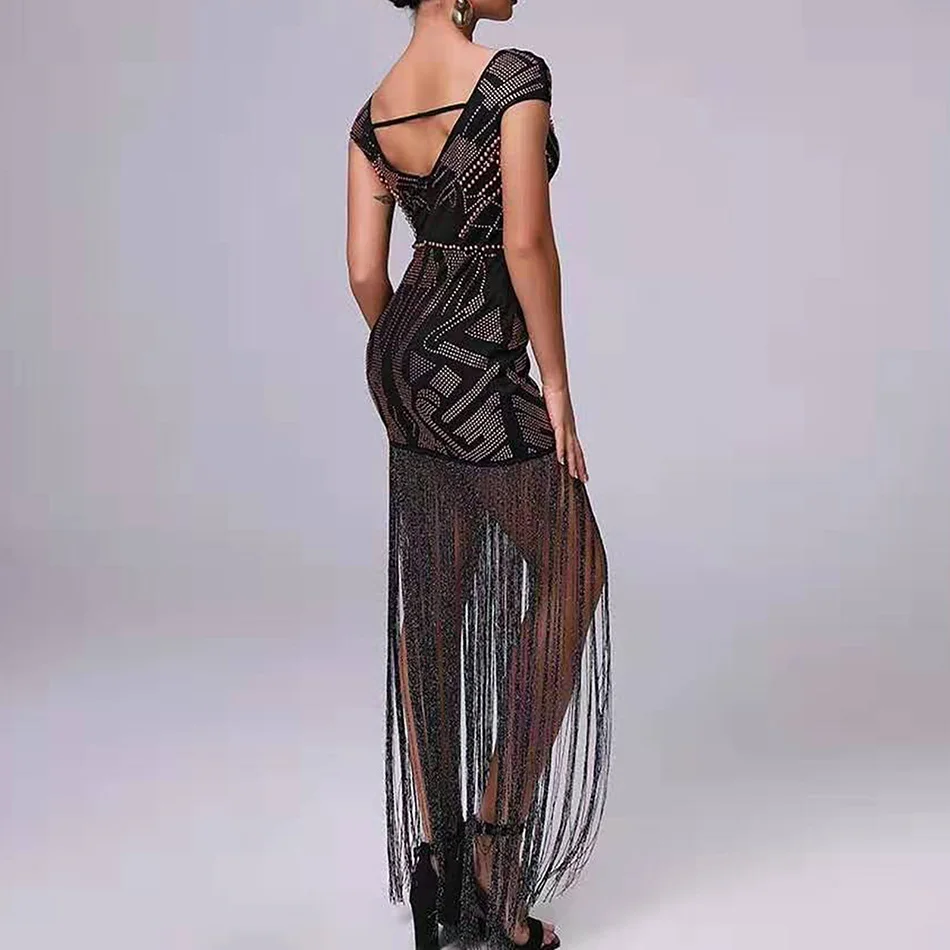 Ailigou Outono Novas Mulheres Borla Frisado Bodycon Vestido сексуальное Бандажное платье с лямкой на шее Manga Curta vestido de festa