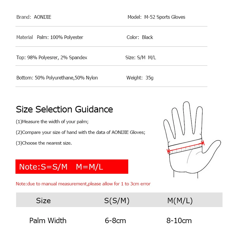 AONIJIE M52 Unisex Half Finger Sports Gloves For Running Jogging Hiking Cycling Bicycle Gym Fitness Weightlifting Nonslip