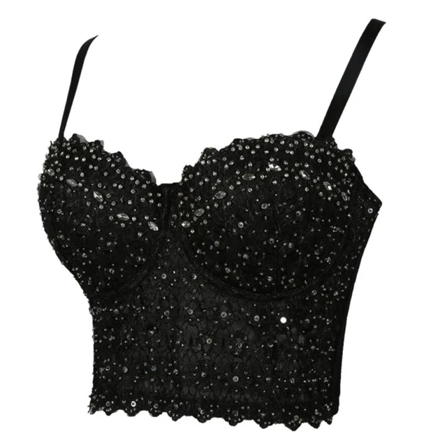 1pc 's Fashionable Thin Straps Underwire Push-Up Bra With Sparkling  Rhinestone & Lace Details