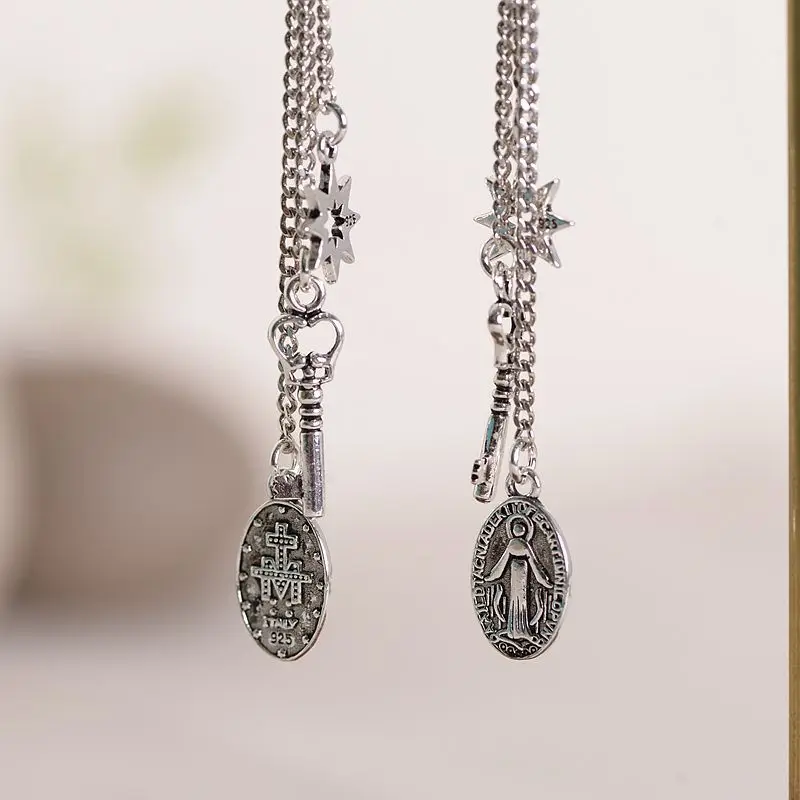 BALMORA Настоящее серебро 925 проба, Винтажные серьги Mary Star& Key Drop с кисточками для женщин, для девочек, крутые ювелирные изделия в стиле панк