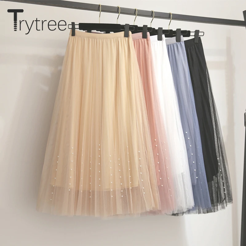 Trytree осень зима женская повседневная юбка вуаль эластичная талия А-силуэт сплошной 5 цветов до середины икры Модная элегантная Офисная Женская юбка
