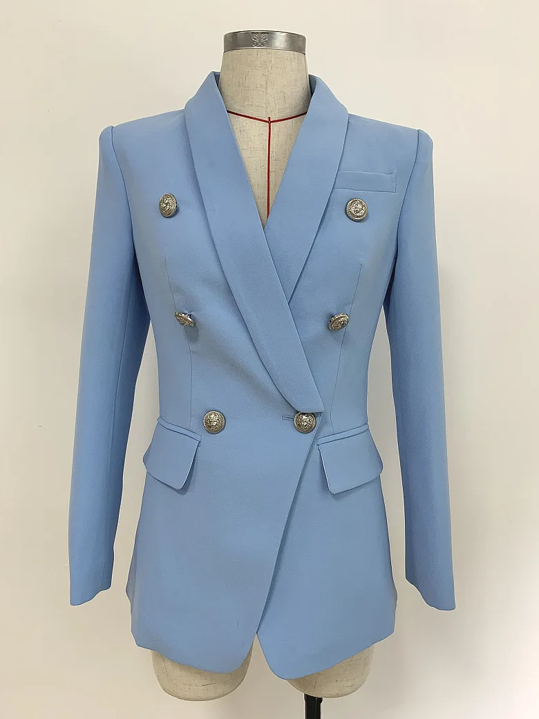 

Spot 2019 new professional wear women's suit sky blue long sleeved classic lion head button double breasted green fruit collar