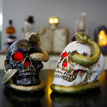 

Halloween simulation snake skull head with light ornaments resin ornaments Decorative Craft Skull High Quality Model