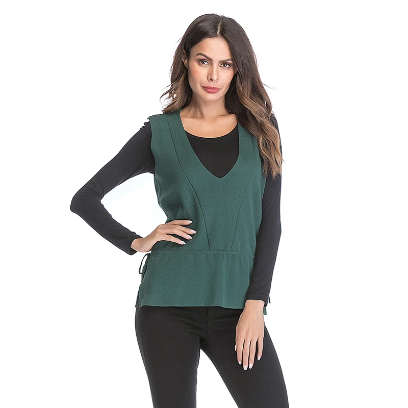 

2020 Winter Casual Fashion Knitted Vest Women Autumn V-Neck Waist Bandage Female 2020 Elegent Knitwear Tops Grey