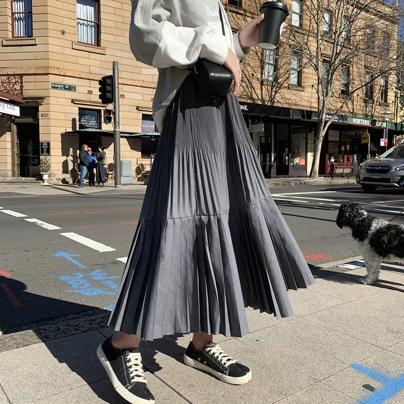 Gray Зима Осень Новые Harajuku плиссированные юбки миди женские модные трапециевидные юбки Дамская уличная юбка размера плюс - Color: Gray