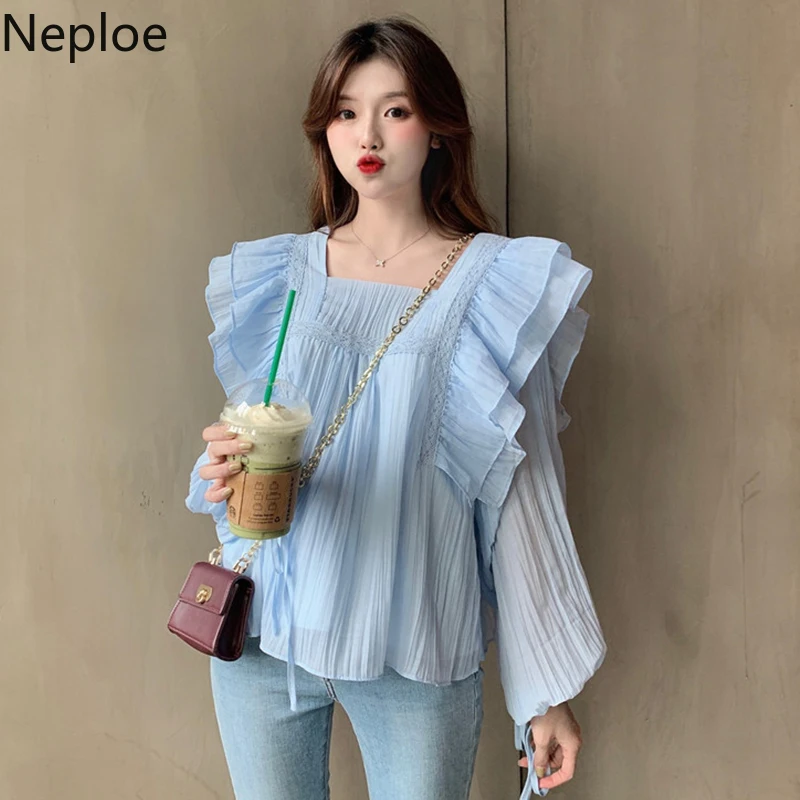 Neploe Elegant Ruffles Chiffon Shirt Loose Slim Puff Long Sleeve Blusas Femme Autumn Patchwork New Short Blue Blouse Women 46477 |