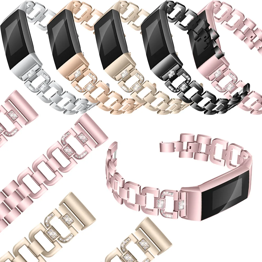 Браслет из нержавеющей стали с бриллиантами, сменный ремешок для Fitbit Charge 3, ремешок для наручных часов, спортивный ремешок с петлей, часы, часы
