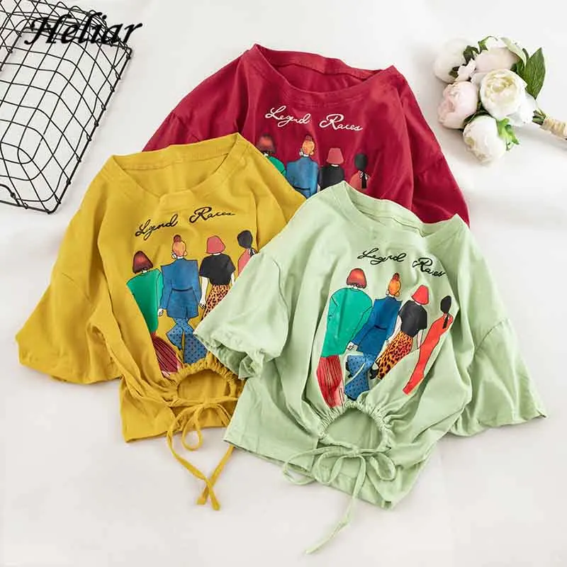 

2019 HELIAR Women Blouse Cartoon Character Blouse Short Sleeve Top Loose Summer Clothing V-Neck Female Drawstring Printed Blouse