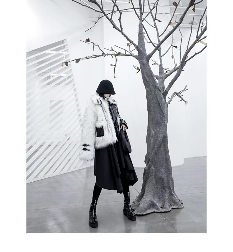[DEAT]Loose Fit Leather Spliced Hit Color Warm Woolen Coat Parkas New Lapel Long Sleeve Women Fashion Autumn Winter 13E858