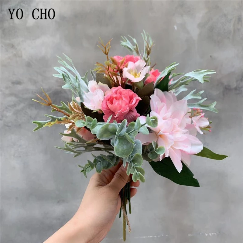 

YO CHO Bouquet Bridal Wedding Flower Silk Peony Dahlia Artificial Flower Bridesmaid Bouquets Forest Style Home Party Table Decor