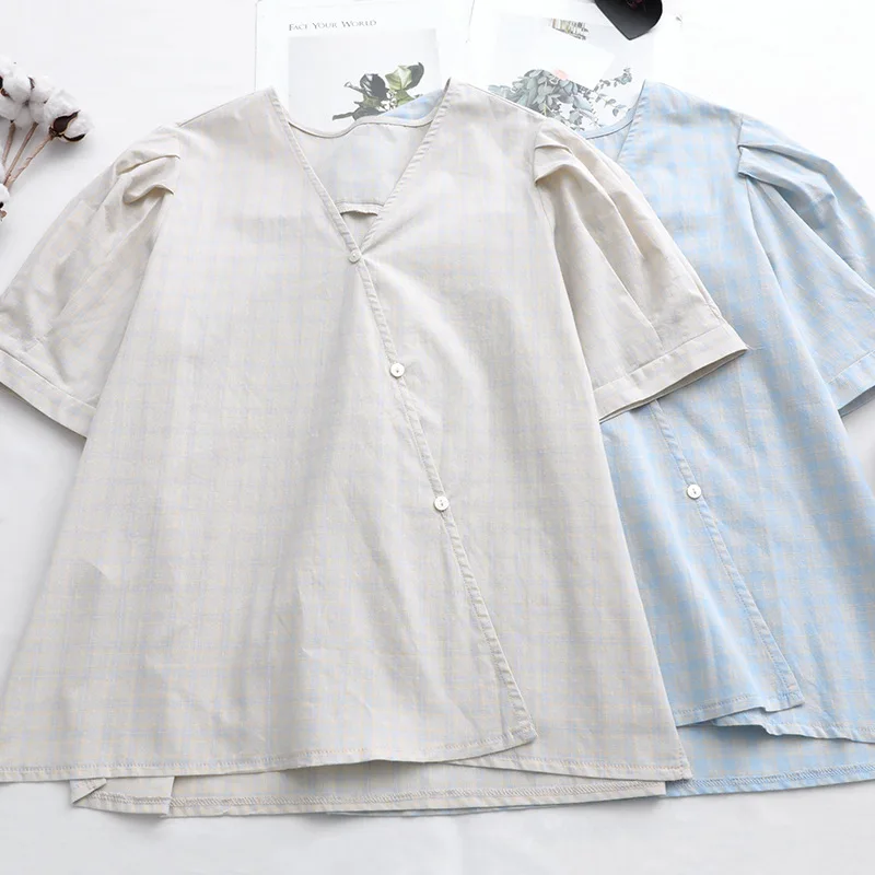 Women 2020 Summer Retro Casual Slim Thin Girl V-neck Slant Placket Tops Female Bubble Sleeves Single-breasted Lattice Blouse