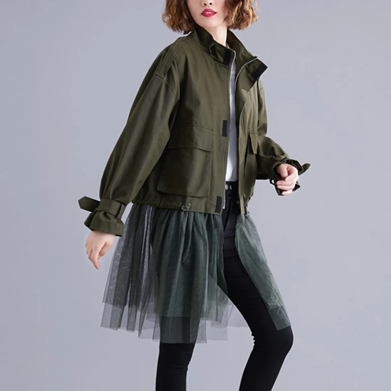 incredible  [EWQ] 2020 Spring Autumn Stand Collar Long Sleeve Solid Patchwork Pockets Mesh Large Size Vintage C
