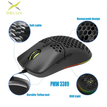 

Delux M700 Gaming Mouse PMW3389 RGB 67g Lightweight Honeycomb Shell Ergonomic Mice with Ultra weave Cable For Computer Gamer