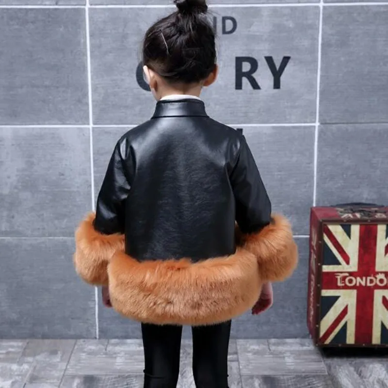 Winter girls fur coat Leather Patchwork Faux Fur Coats Clothing Children Long Sleeve Warm Cotton Princess Outwear N258