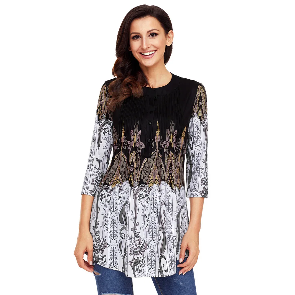 European and American Women's Fashion Multicolor Printed Words Round Neck Fold Seven-quarter Sleeves Women's T-shirt
